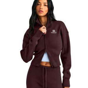 <b>Women</b> Burgundy Cropped Full Zip <b>Jacket</b> Stand Collar Long Sleeve Athletic Activewear Workout Sports <b>Jacket</b> Custom OEM Private - Product Image 1
