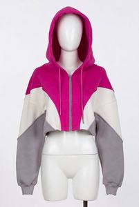 Women's <b>Cropped</b> Color Block <b>Zip</b> <b>Up</b> Hoodie Oversized Long Sleeve Fleece Hooded Sweatshirt Casual Streetwear Jacket - Product Image 4