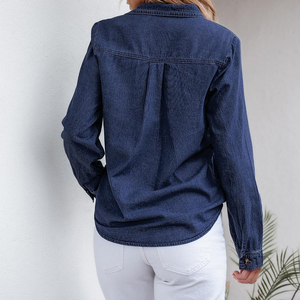 Regular Korean Woven Denim Shirts Women Vintage Single-Breasted Shirt Embroidered Bow Casual Blue <b>Top</b> Summer Autumn Spring - Product Image 3