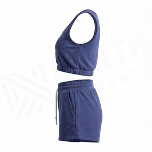 Women's 2 Piece Sports <b>Set</b> Sleeveless Crop Top and Above Knee Shorts Solid Blue <b>Knitted</b> Breathable Sporty Style Spring Summer - Product Image 3