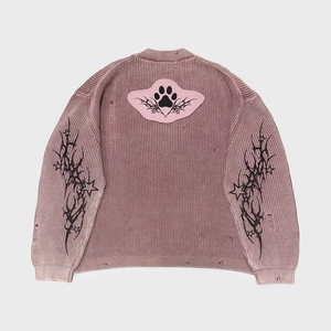 Nouveau Pull en Tricot Effet Vieilli Gothique avec Patch Chaton, Col Rond Ample et Épais, Manches Tribales - Product Image 2