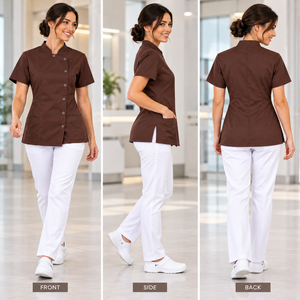Conjunto de Uniforme Médico Unisex de Manga Corta en Algodón y Poliéster Tejido, Color Marrón, Cuello Alto con Broches y Pantalones Blancos, Uniforme de Hospital - Product Image 3