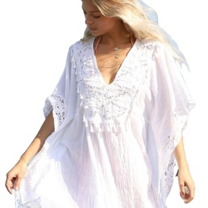 Nueva llegada indio 2024 mujeres de moda elegante tres cuartos mangas Mini longitud Color blanco corto Kaftan vestidos - Product Image 1