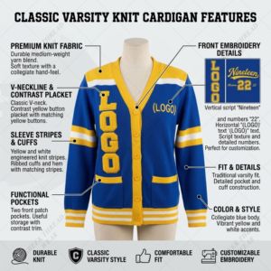 Suéter Cárdigan Varsity de Punto Grueso para Hombre con Logotipo Personalizado ODM, Estilo Universitario Vintage con Bordado Chenille y Rayas Griegas - Product Image 4