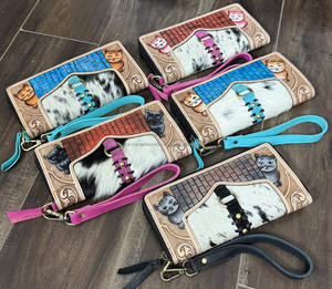 Cartera de mano de cuero genuino hecha a mano con diseño de gato, monedero de piel de vaca con cremallera, bolso de mano elegante de cuero repujado para mujer, regalo - Product Image 4