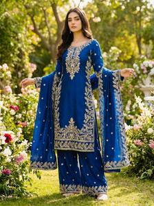 Pure GMY Silk Embroidered <b>Kurti</b> with Heavy Sequence Work Full Sleeves Matching Fully Stitched Plazzo and Lace Border Dupatta Set - Product Image 6