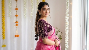 Sari en soie rose avec blouse brodée pour mariage, tenue traditionnelle indienne pour femme, longueur au sol - Product Image 6