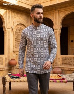 New Arrival Linen Cotton with All-Over Printed Full-Sleeve Band-Collar & Stylish Button Short-<b>Kurta</b> Collection At Wholesale Rate - Product Image 5