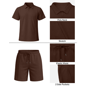 Men's Brown Polo Shirt & Shorts <b>Set</b> Solid Color Casual Summer Wear Breathable <b>Knitted</b> Cotton Outfit Tracksuits For Men's - Product Image 4