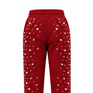 <b>Red</b> Pearl Beaded Jogger Pants <b>Women</b> Fashion Embellished Drawstring Sweatpants Luxury Casual Streetwear Fleece <b>Trousers</b> - Product Image 4