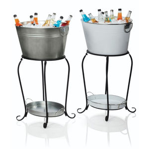 Bac à boissons vintage en métal avec support et étagère inférieure, ensemble refroidisseur de boissons en acier inoxydable pour fêtes et accessoire de bar à domicile - Product Image 1