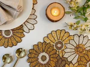 Handmade Luxury Eco-Friendly Beaded Placemat 17x12 Inch Sunflower Floral <b>Dinner</b> <b>Mat</b> for Home Use - Product Image 2