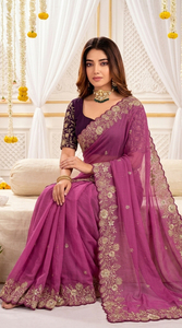 AARA Fashion <b>Purple</b> Embroidered <b>Saree</b> Blouse for Wedding Indian Traditional Wear Women Floor Length Polyester Sari Sun - Product Image 6