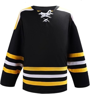 Wholesale Men's Ice Hockey Jersey Blank Practice Sportswear With Lace-up Collar in Black and Yellow Stripes - Product Image 1