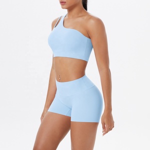 One Shoulder Asymmetric Crop Top High Waist Shorts 2 Piece Yoga Set Seamless Breathable Solid Light <b>Blue</b> Activewear - Product Image 6