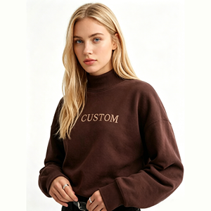 Womens Brown <b>Mock</b> <b>Neck</b> Embroidered Sweatshirt Premium Heavyweight Fleece Pullover Oversized Casual Loungewear <b>Top</b> - Product Image 4