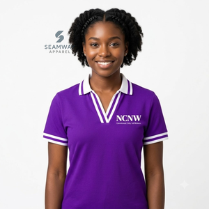 Polo pour femme NCV Sorority, violet et blanc rayé, col en V, en piqué, manches courtes, avec écusson brodé, vêtement grec - Product Image 5