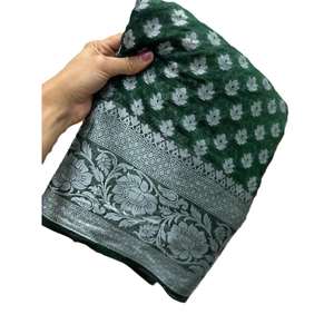 ATTRACTIVE ORGANZA ARGENT TISSÉ JACQUARD BORDER TRAVAIL SAREE AVEC BLOUSE INCOUSÉE VERT - Product Image 1