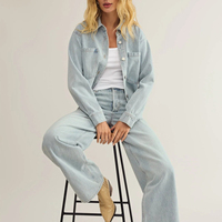 Manteau d'automne OEM personnalisé en denim indigo délavé léger, coupe courte, réversible, coupe-vent, 100 % polyester extensible, décontracté pour femme