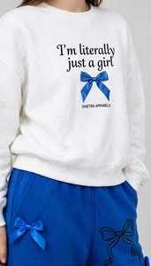 Oneten Women's White Crew Neck <b>Sweatshirt</b> Blue Bow Print Elastic Waist Wide Leg Split Hem Polyester Blend Casual Tracksuit Set - Product Image 5