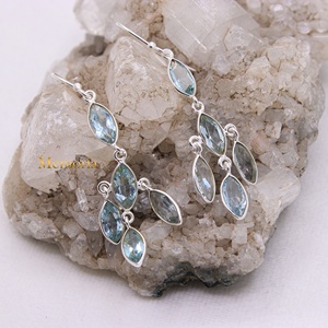 Wholesale 925 Solid Sterling Silver Natural Marquise Blue Topaz Bezel Set Multi Stone Dangle Earrings Memoria Jewels - Product Image 3