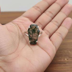 Nueva Llegada Anillo de Ataúd de Plata de Ley 925 Auténtica con Ágata Musgosa para Mujer, Joyería de Moda Bohemia, Joyería para la Ansiedad, Fabricación India - Product Image 4