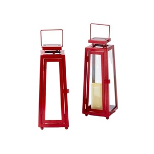 Juego de 2 faroles de vela estilo vintage, lámpara de viento de metal rojo, portavelas decorativo para colgar y de sobremesa, para decoración del hogar y bodas - Product Image 1