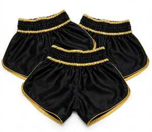 <b>Men's</b> Black Satin Polyester/Cotton Embroidered <b>Shorts</b> Gold Trim Drawstring Mid Waist Loose Fit Sporty Boxing Trunks <b>Knee</b> <b>Length</b> - Product Image 3