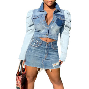 Popular Casual Short <b>Denim</b> Coat Button Linking Puff Long Sleeve Blue <b>Jackets</b> for Women - Product Image 1