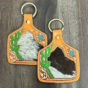 2026 Bulk Purchase Tooled Leather Cowhide Keychain Cactus Western Key Fob Rustic Floral Car Key Holder Gift for <b>Women</b> Men - Product Image 5