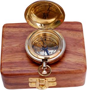 Vintage Brass Nautical <b>Compass</b> with Wooden Box Magnetic Direction Finder <b>Antique</b> Pocket <b>Compass</b> for Hiking Camping Travel - Product Image 4