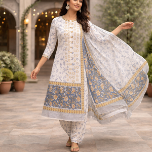 Traje Punjabi Floral Blanco Gris Premium |   Conjunto de Pijama Kurti de Algodón Hecho a Mano con Borde |   Conjunto de Vestido Sarong Indio Profesional - Product Image 2