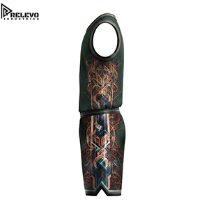 Ensemble maillot et short de basketball col en V OEM, uniforme de sport vert forêt avec filigrane bronze et impression sublimée tissée - Product Image 3