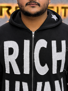 Custom Distressed Embroidery Formal Zip Cropped Ripped <b>Hoodie</b> Patch Work Details Unisex <b>Black</b> 100% Cotton Winter Zip-Up <b>Hoodie</b> - Product Image 4