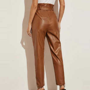 Pantalon en cuir pour femme, taille haute froncée avec ceinture à nouer, coupe décontractée et jambe fuselée, style mode - Product Image 4