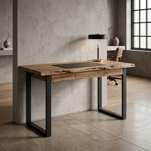 Escritorio Moderno con Superficie de Teca Sólida, Mesa Consola con Borde Natural, 1 Cajón y Patas Metálicas para Apartamento - Product Image 5