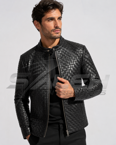 Blouson moto homme en cuir d'agneau véritable noir, motif tressé gaufré, col montant, fermeture éclair, coupe ajustée, style automne - Product Image 2
