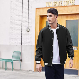 Chaqueta Varsity para Hombre, Talla Grande, Negra, Poliéster, Casual, Otoño, Corte Regular, Cuello Camisero, Cierre de Botones, Color Sólido - Product Image 4