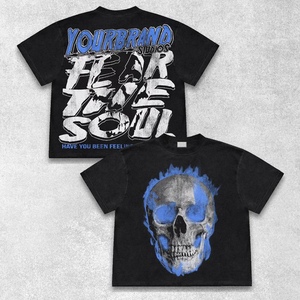 Camiseta Gráfica Gótica Vintage Personalizada para Hombre, de Cuello Redondo y Manga Corta, Ajuste Holgado, con Estampado de Calavera Flameante, 100% Algodón - Product Image 1