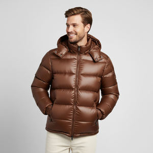 New Article <b>Men's</b> Brown Hooded Puffer Jacket Windproof Zipper Closure Polyester Filling Casual Winter <b>Coat</b> Regular Fit - Product Image 6