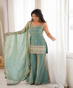 Women Traditional Silk Salwar Kameez Set Teal Embroidered Ankle-Length Loose Fit India Pakistan Style Wedding Wear KB–302 85175 - Product Image 6