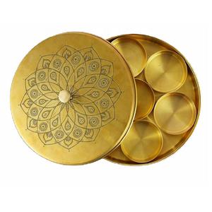 ชุดกล่องมาซาลาทองเหลืองขัดเงาพร้อมที่ใส่ช้อนทองเหลืองที่เก็บเครื่องเทศดีไซน์ลายดอกไม้อินเดียที่เก็บเครื่องเทศสองฝา - Product Image 6