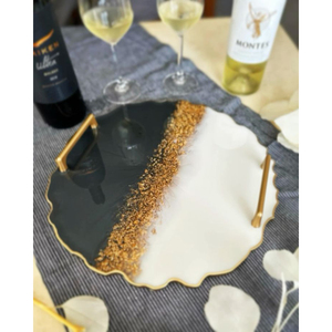 Irregular White <b>Epoxy</b> Resin Serving Tray With Gold Handles Handcrafted Gold Foil Geode Agate Platter For <b>Coffee</b> <b>Table</b> Wedding - Product Image 2