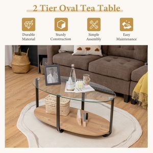 Mesa de Centro Ovalada con Tapa de Vidrio de 2 Niveles y Estante de Madera para Sala de Estar - Product Image 5