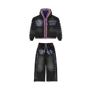 Ensemble pantalon de survêtement et sweat à capuche évasés vintage personnalisés survêtement en éponge épais DTG imprimé lavage de pierre pour hommes Style Streetwear - Product Image 1