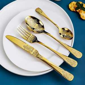 Elegante Juego de Cubiertos Dorados de 5 Piezas, Cuchillo, Tenedor y Cuchara para Cena, Acabado de Alto Brillo, Resistente al Óxido, Mango de Metal - Product Image 4