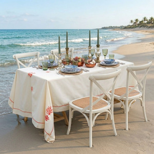 Wholesale Handmade Customized Beige Cotton Modern Embroidered Red Coral Durable Full Sizes Washable <b>Tablecloth</b> Home Hotel Events - Product Image 3