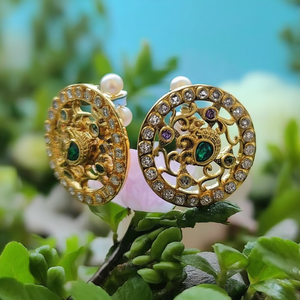 18K Gold Plated Brass Geometric Peacock Stud Earrings with Zircon and Pearl - Product Image 2