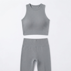 Blue Ribbed 2 Piece Yoga Set Crew Neck <b>Racerback</b> <b>Tank</b> <b>Top</b> High Waist Shorts Seamless Solid Color Breathable Activewear - Product Image 2