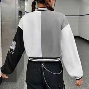 Varsity Jacket Women's Gray White Black Letter Print Full Sleeve Turn-down Collar Single Breasted Autumn Wear - Product Image 2